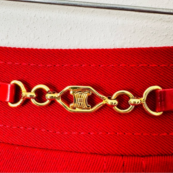 Authentic Celine 100% wool pleated midi skirt with gold chain waist saffron red - Picture 10 of 12